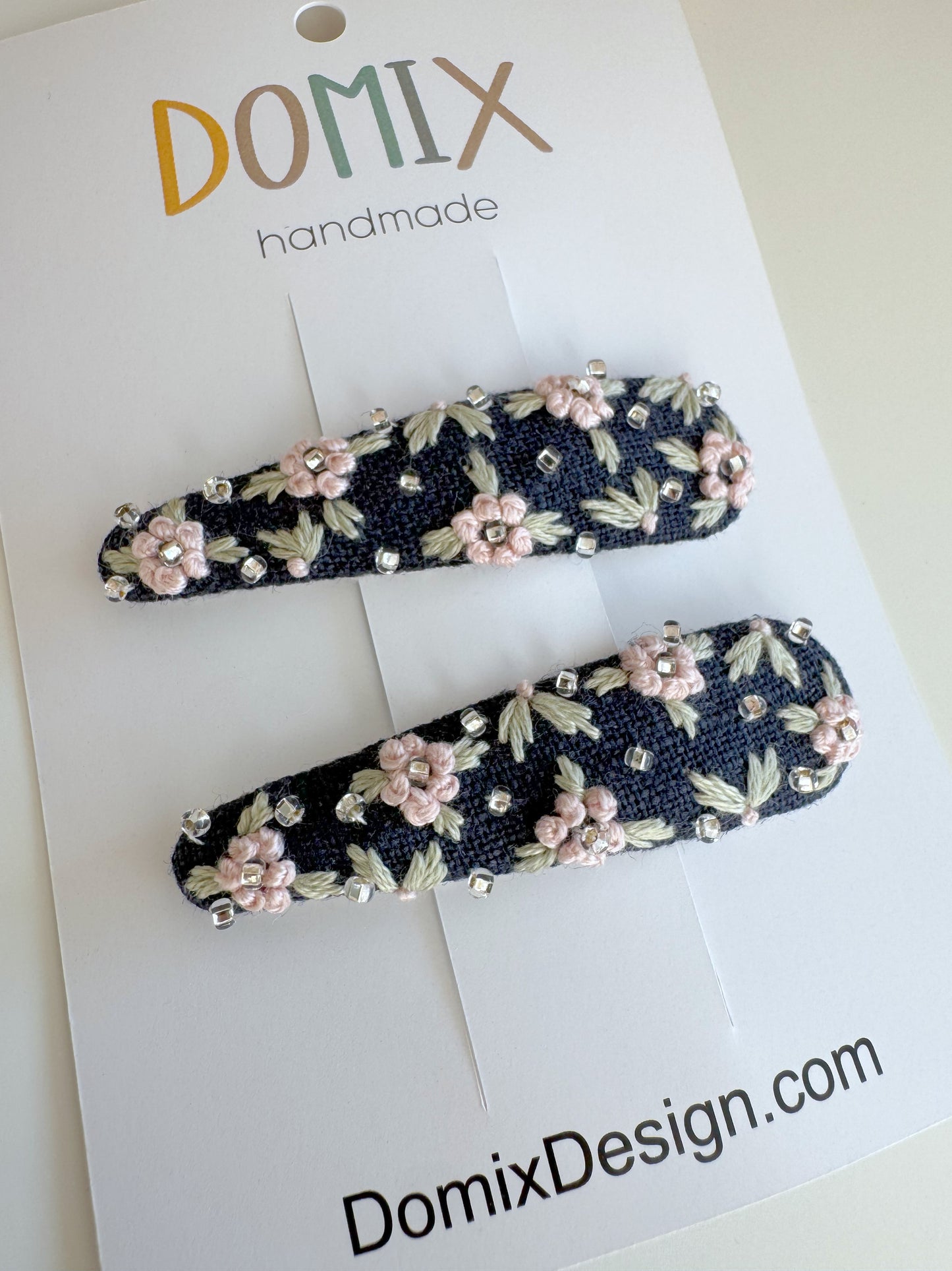 Handmade Linen Embroidered Hair Clips – Set of 2
