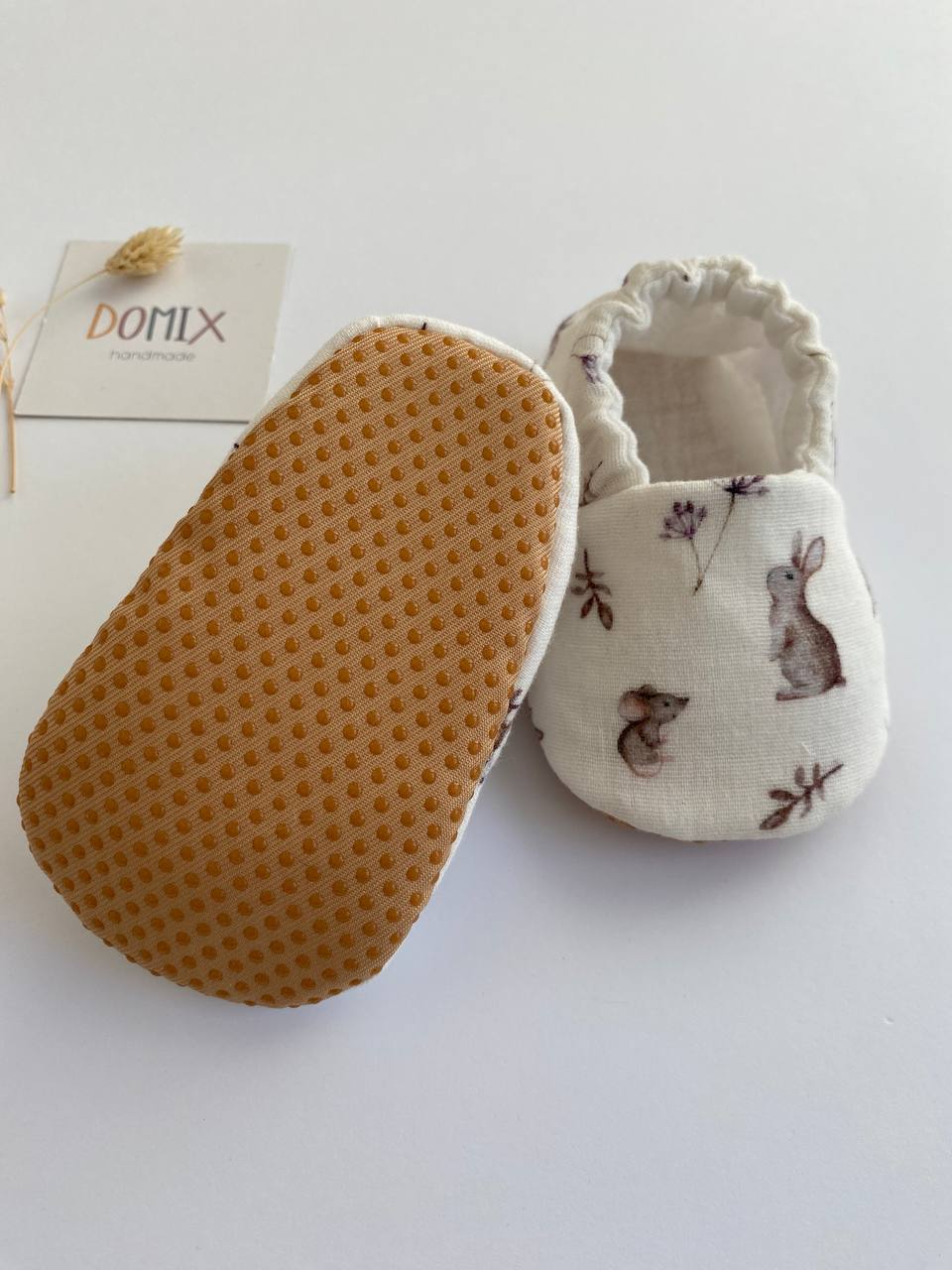 Handmade Baby Muslin Booties – Soft Cotton Newborn Slippers with Bunny Print