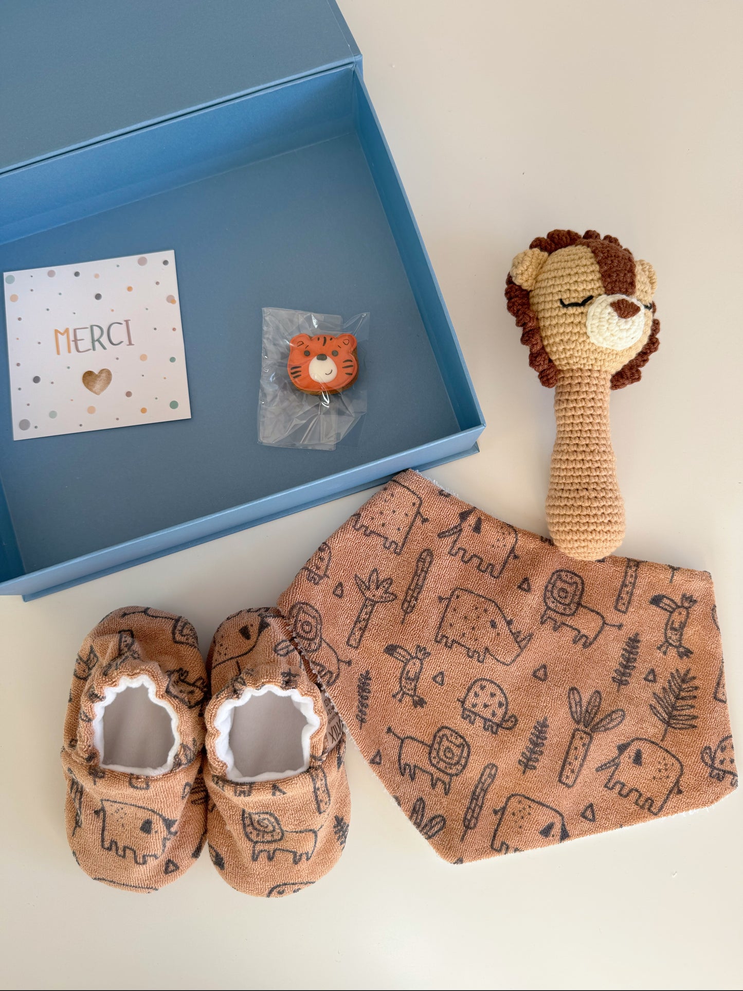 Baby Gift Set – Booties, Waterproof Bib & Lion Rattle