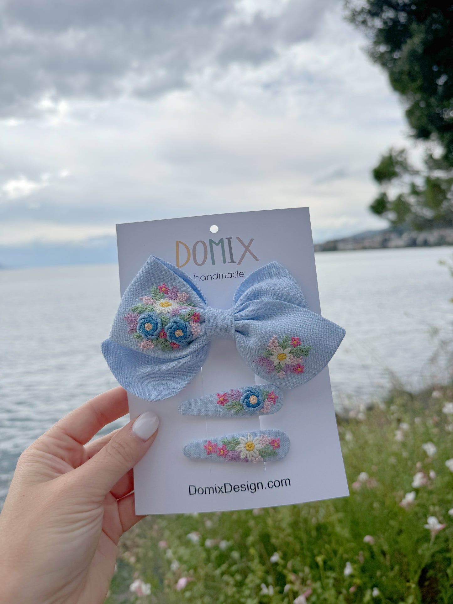 Toddler & Girl Hair Bow Set – Linen with Floral Design - Domix