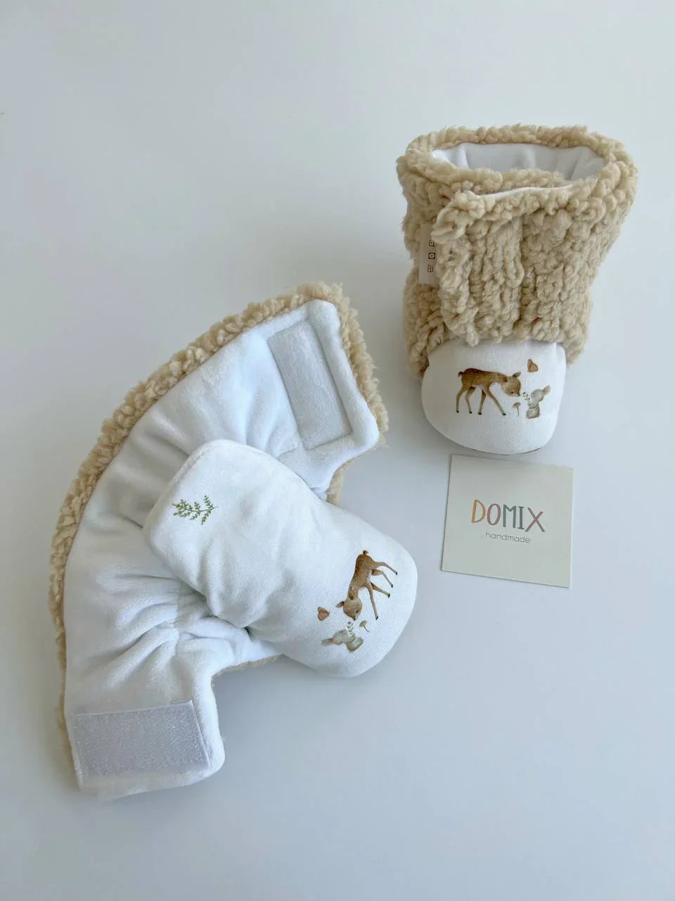 Handmade Baby Booties – Beige Teddy with Forest Print - Domix