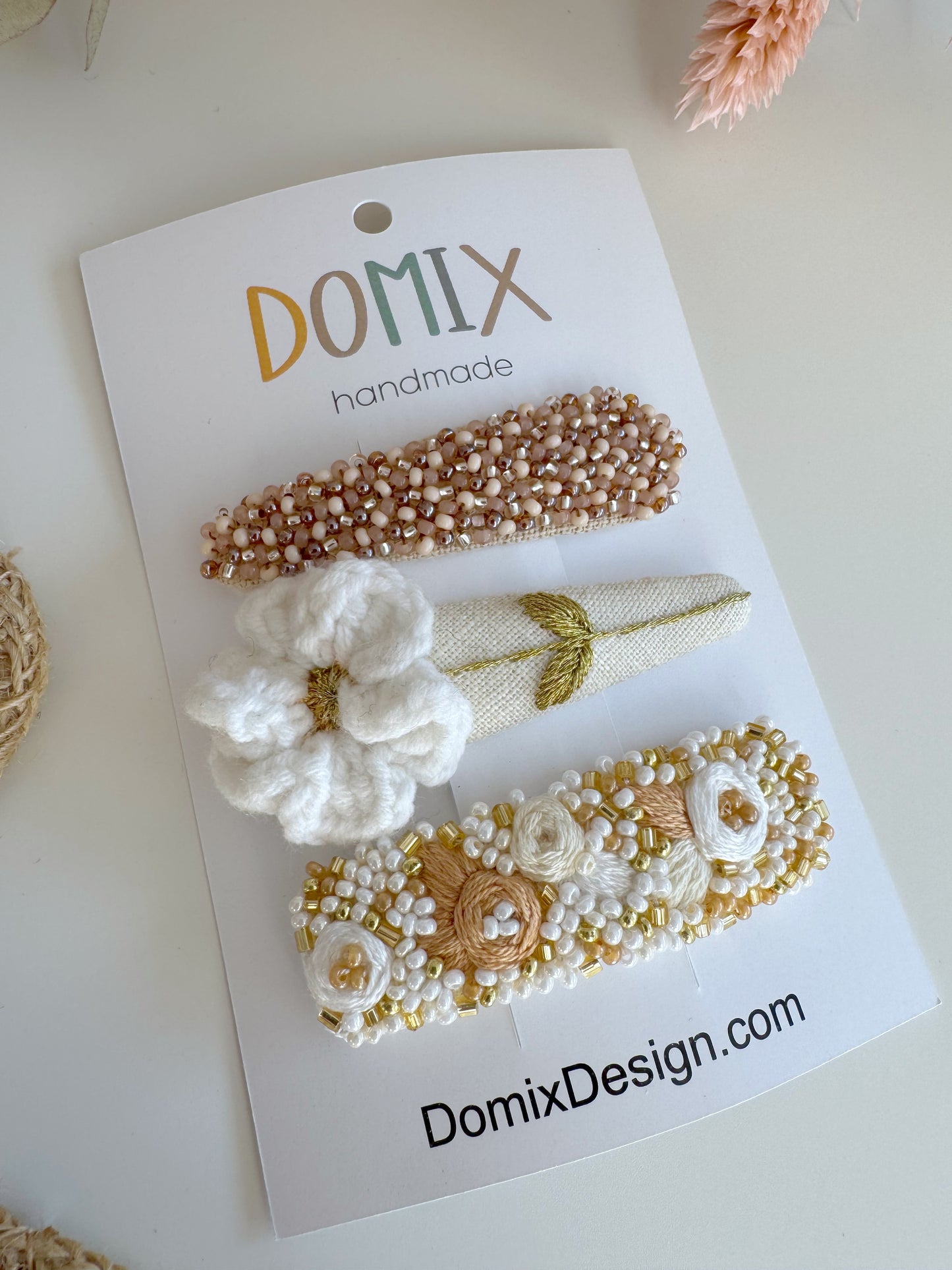 Handmade Linen Embroidered Hair Clips – Set of 3