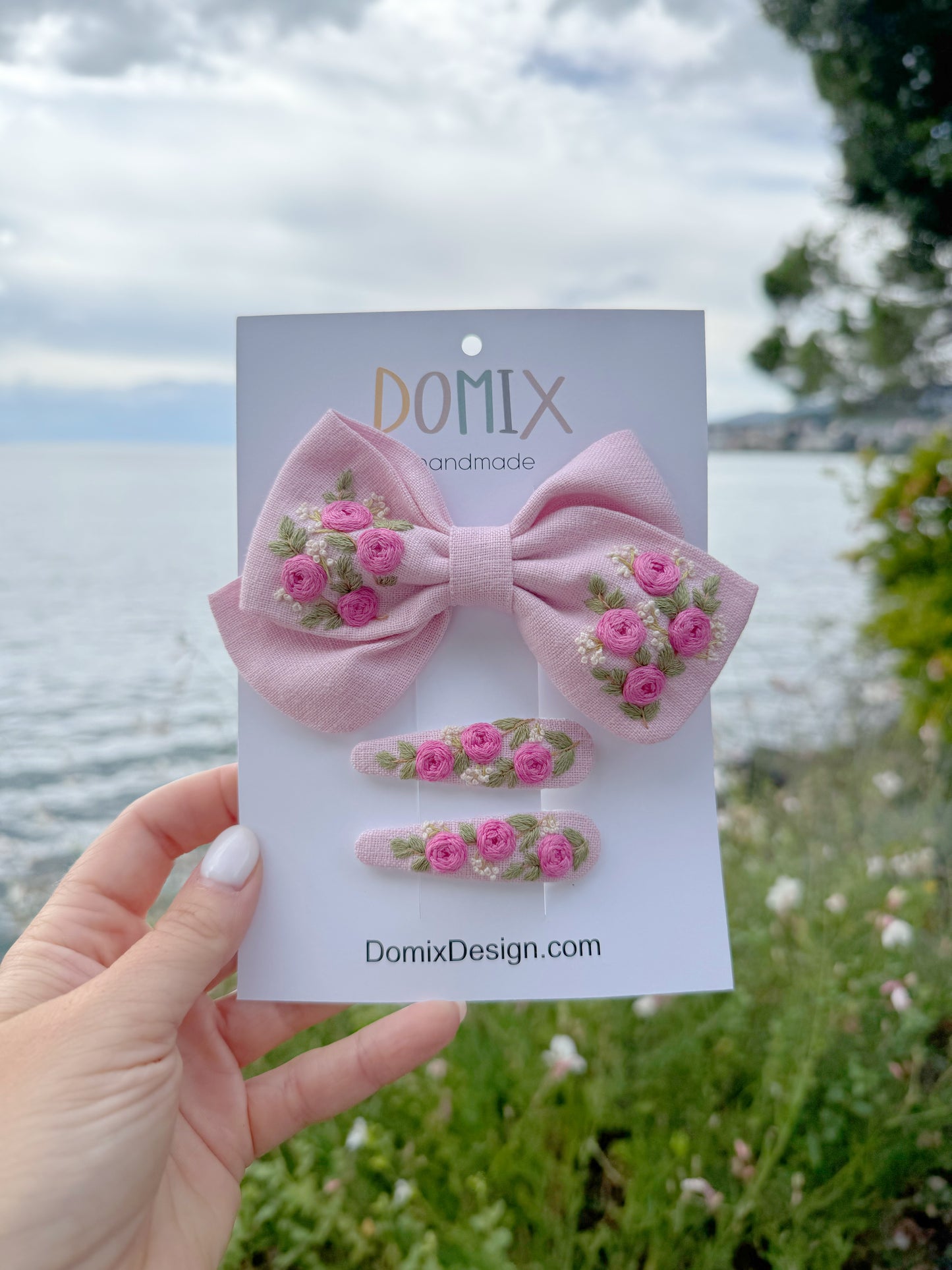 Handmade Linen Hair Accessories Set – Bow & Clips with Floral Embroidery - Domix