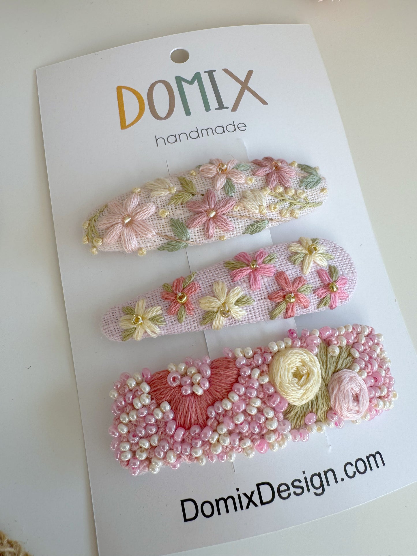 Limited Edition Embroidered Linen Hair Clips – Luxury Set of 3