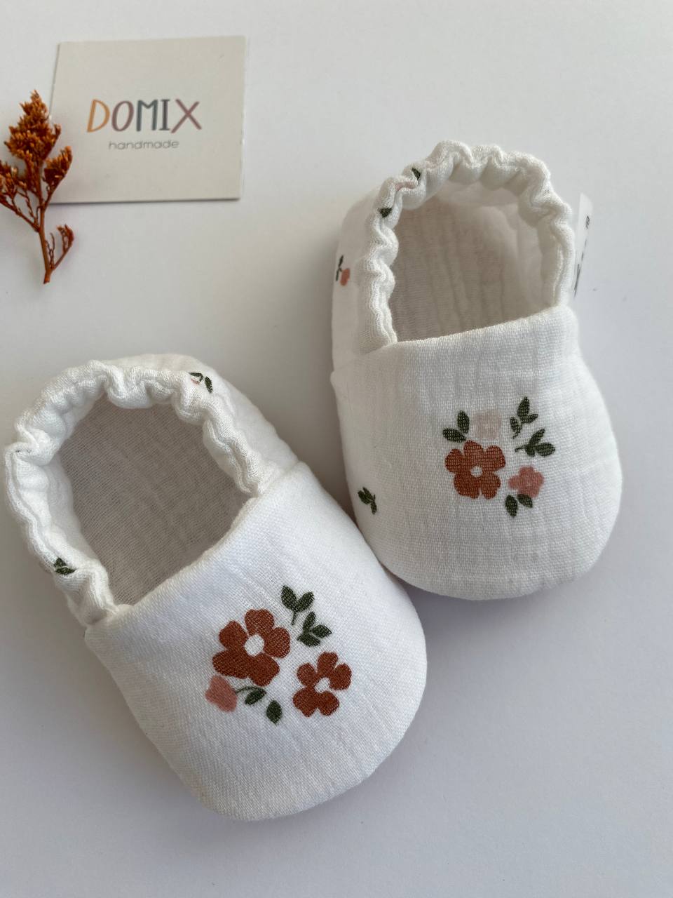 Handmade Baby & Toddler Slippers – Soft Cotton Muslin Slippers with Floral Print