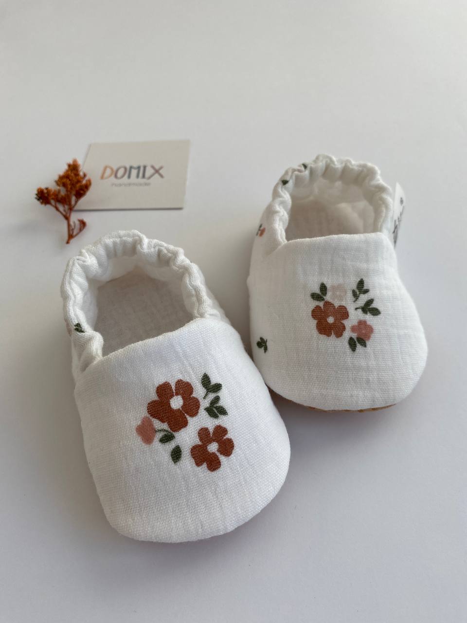 Handmade Baby & Toddler Slippers – Soft Cotton Muslin Slippers with Floral Print