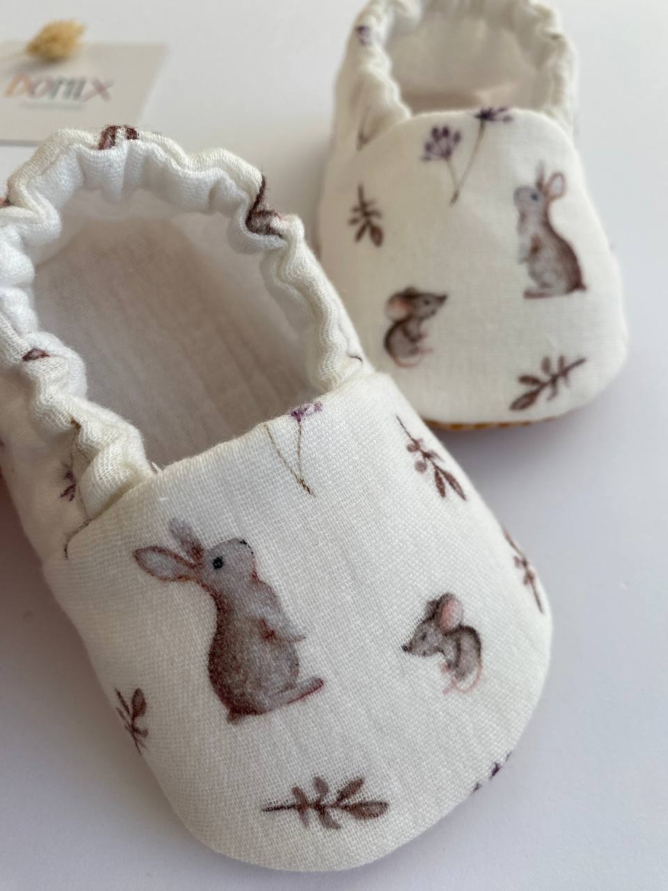 Handmade Baby Muslin Booties – Soft Cotton Newborn Slippers with Bunny Print