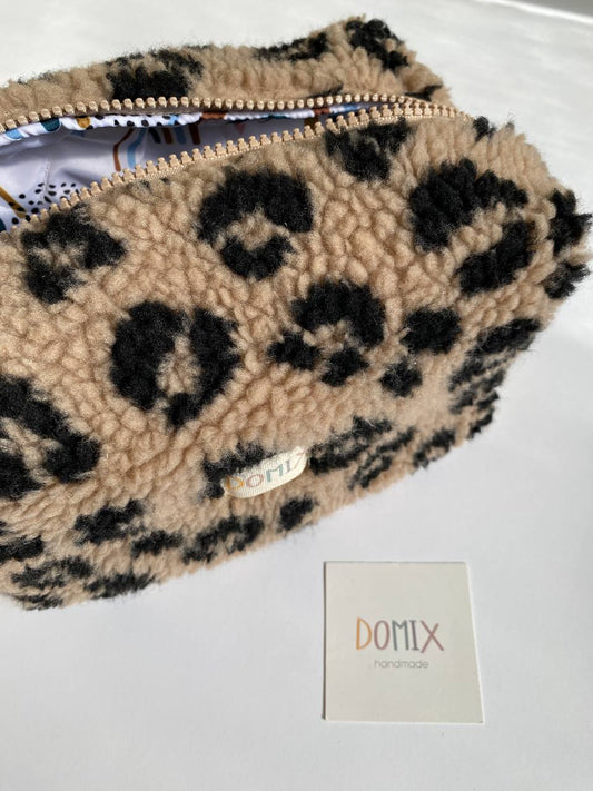 Beige Leopard Teddy Cosmetic Bag – Makeup Pouch with Waterproof Lining | DOMIX
