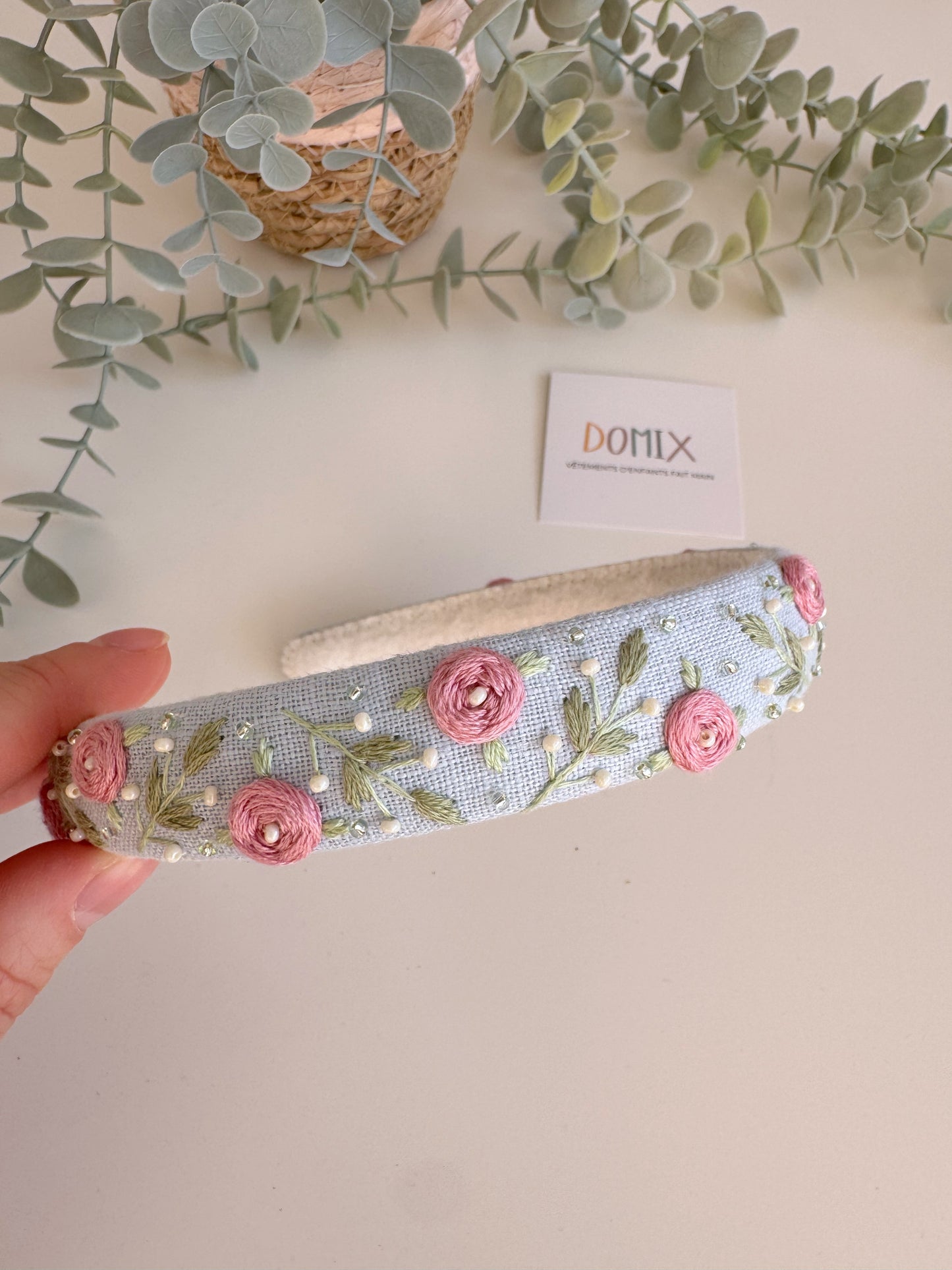 Hand-Embroidered Linen Headband – Floral Hair Hoop (One Size)