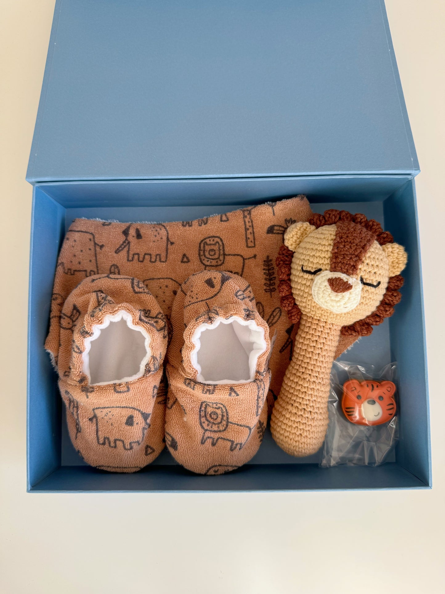 Baby Gift Set – Booties, Waterproof Bib & Lion Rattle