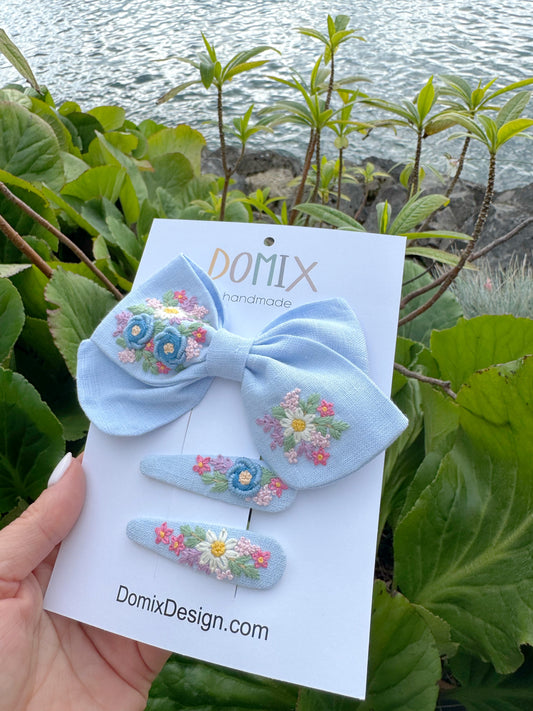Toddler & Girl Hair Bow Set – Linen with Floral Design - Domix