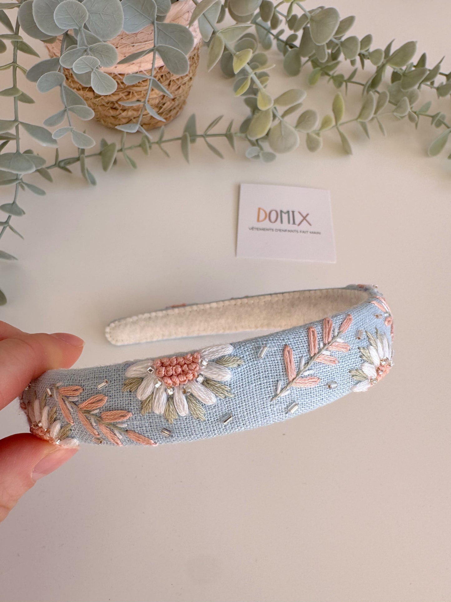 Hand-Embroidered Linen Headband – Floral Hair Hoop (One Size)