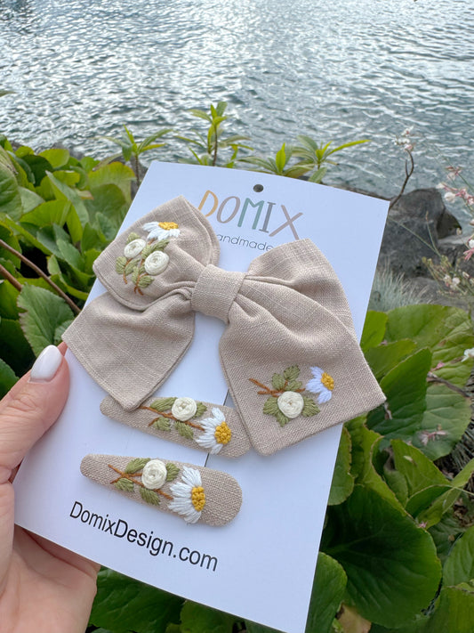 Handmade Linen Hair Bow & Clips with Floral Embroidery - Domix