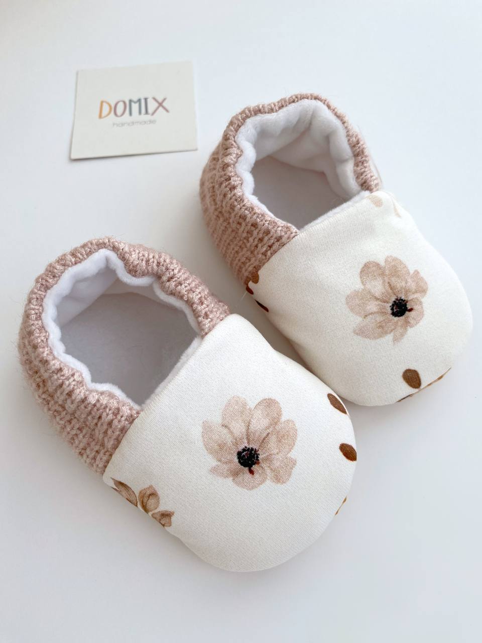 Beige Floral Baby Slippers – Handmade Soft Baby Shoes