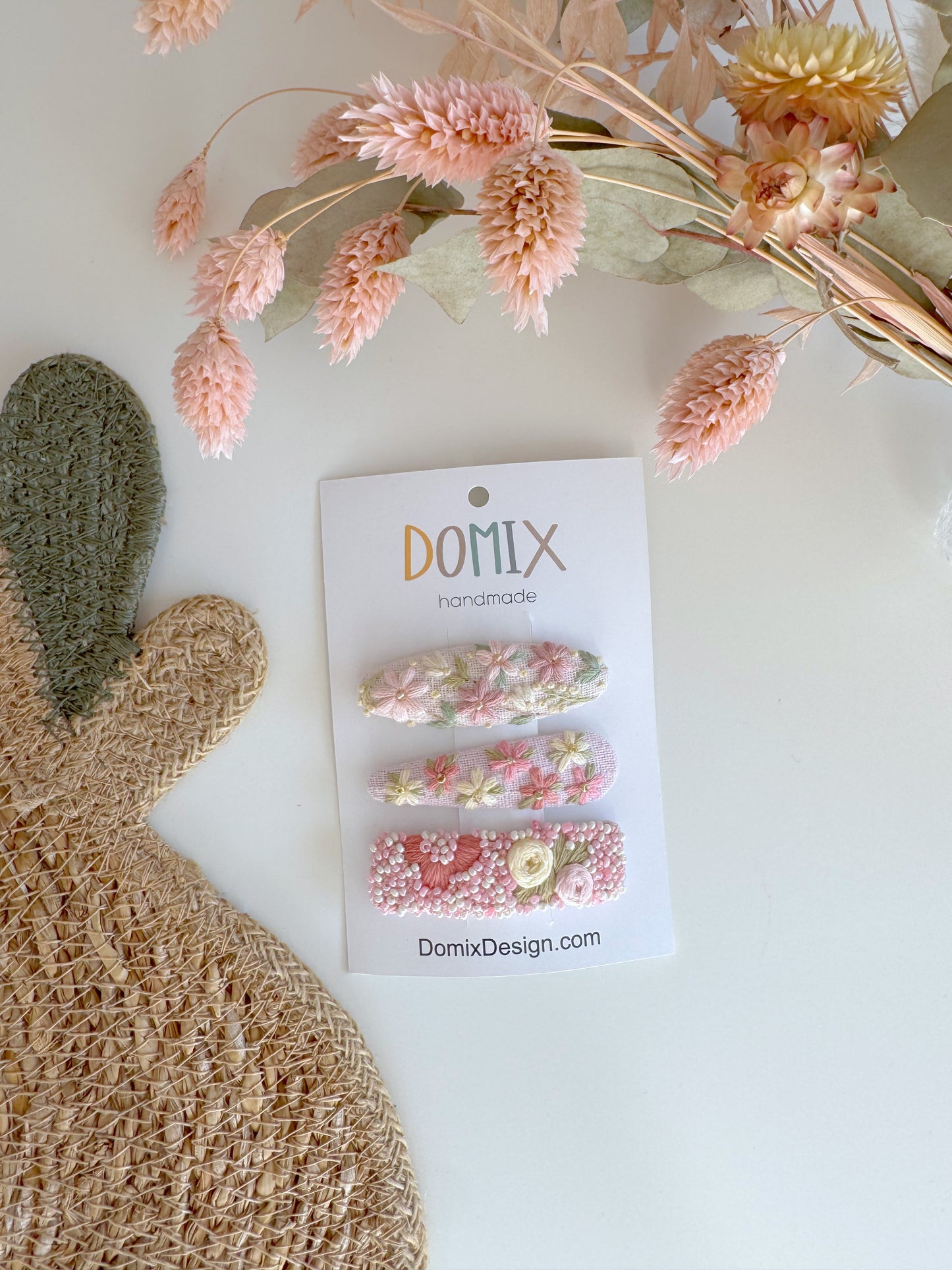 Limited Edition Embroidered Linen Hair Clips – Luxury Set of 3