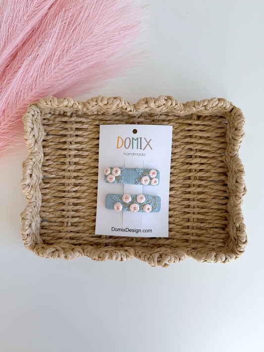 Natural Linen Beaded & Embroidered Hair Clips – Set of 2