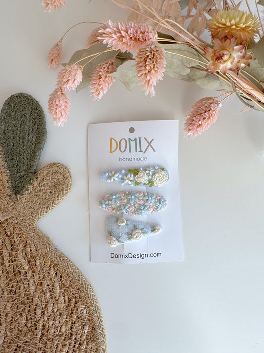 Embroidered Linen Hair Clips – Handmade Set of 3