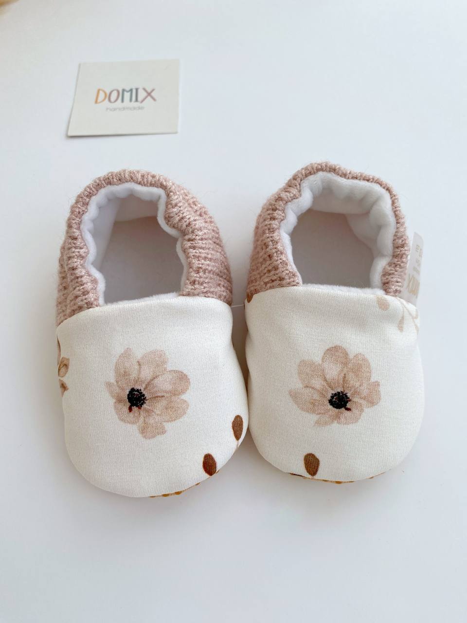 Beige Floral Baby Slippers – Handmade Soft Baby Shoes