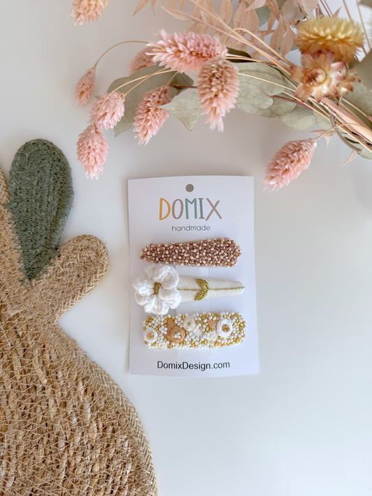 Handmade Linen Embroidered Hair Clips – Set of 3