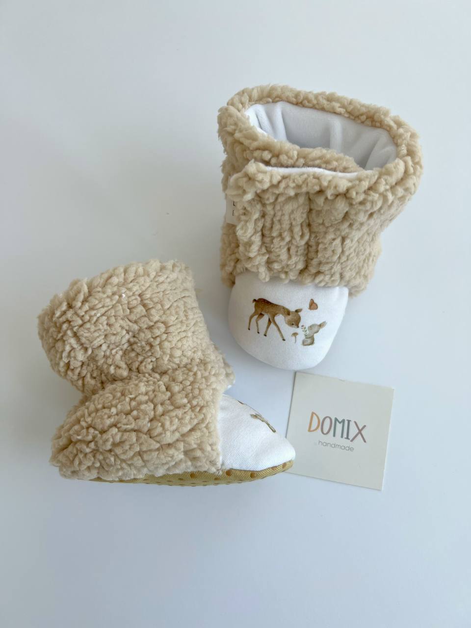 Handmade Baby Booties – Beige Teddy with Forest Print