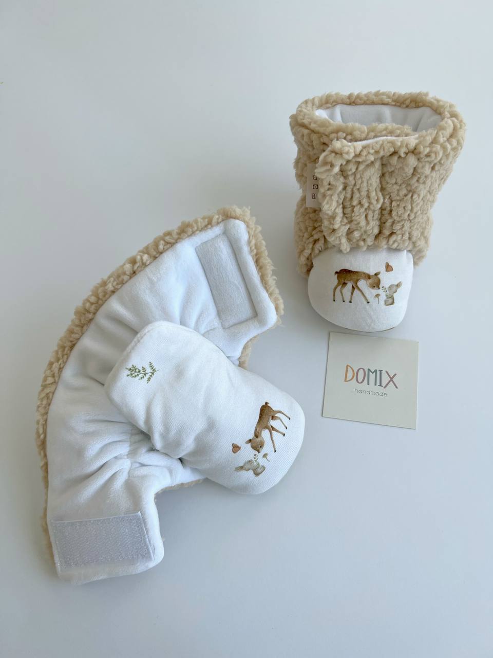 Handmade Baby Booties – Beige Teddy with Forest Print
