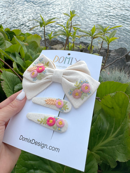 Embroidered Daisy & Rose Hair Bow and Clips Set - Domix