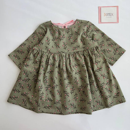 Handmade Baby Girl Dress – Olive Green with Floral Print - Domix