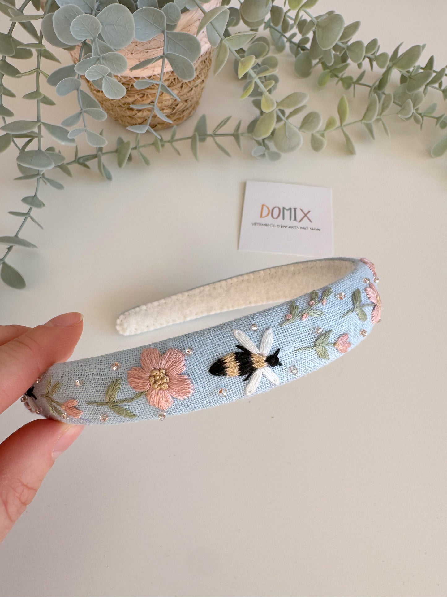 Hand-Embroidered Linen Headband – Floral Hair Hoop (One Size)