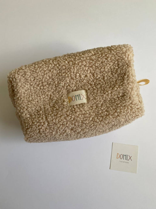 Beige Teddy Cosmetic Bag – Minimalist Makeup Pouch with Waterproof Lining | DOMIX