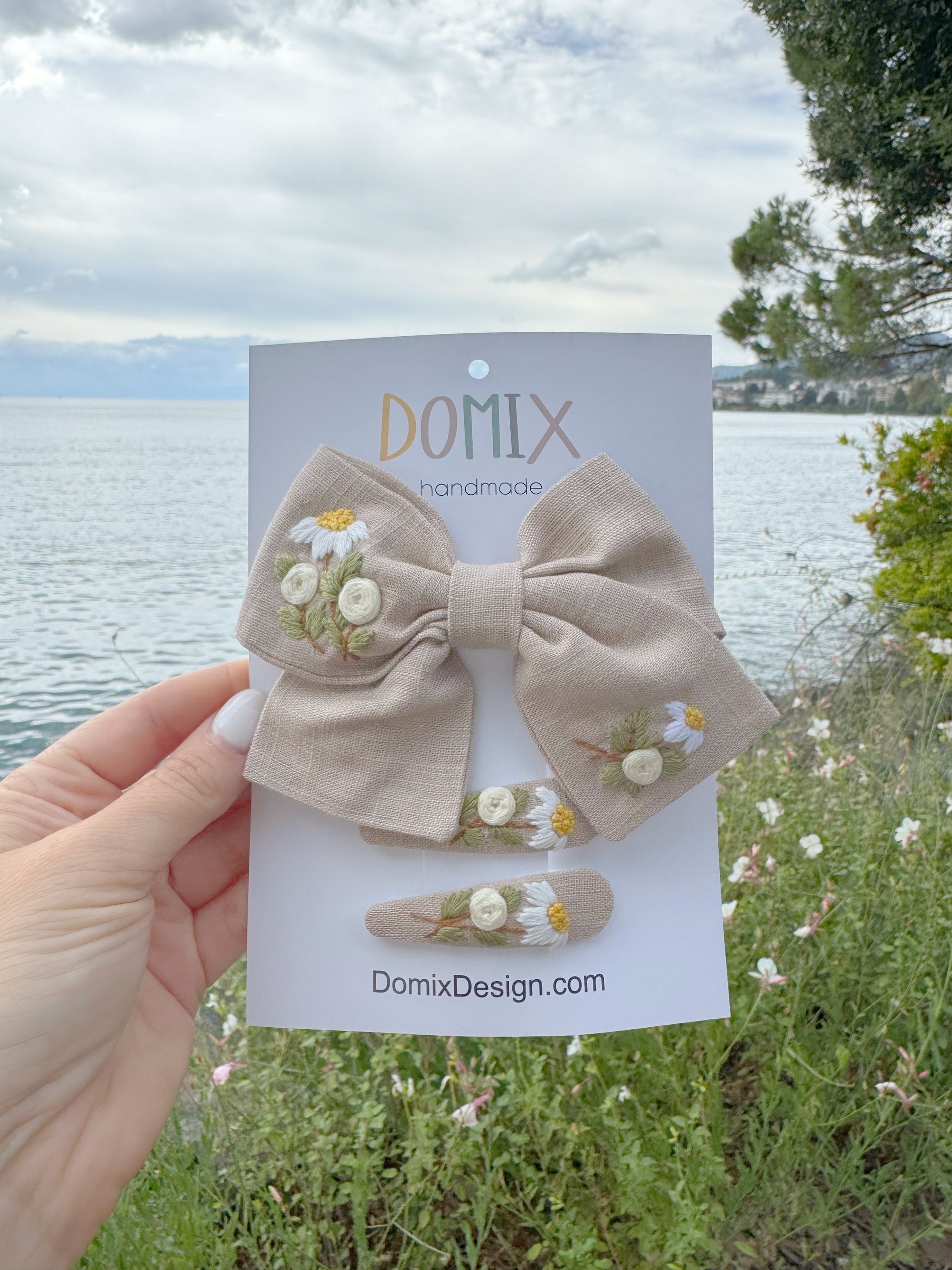 Handmade Linen Hair Bow & Clips with Floral Embroidery - Domix