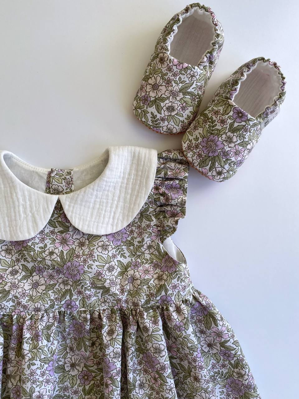 Cotton Floral Baby Dress with Muslin Collar (slippers is not included)