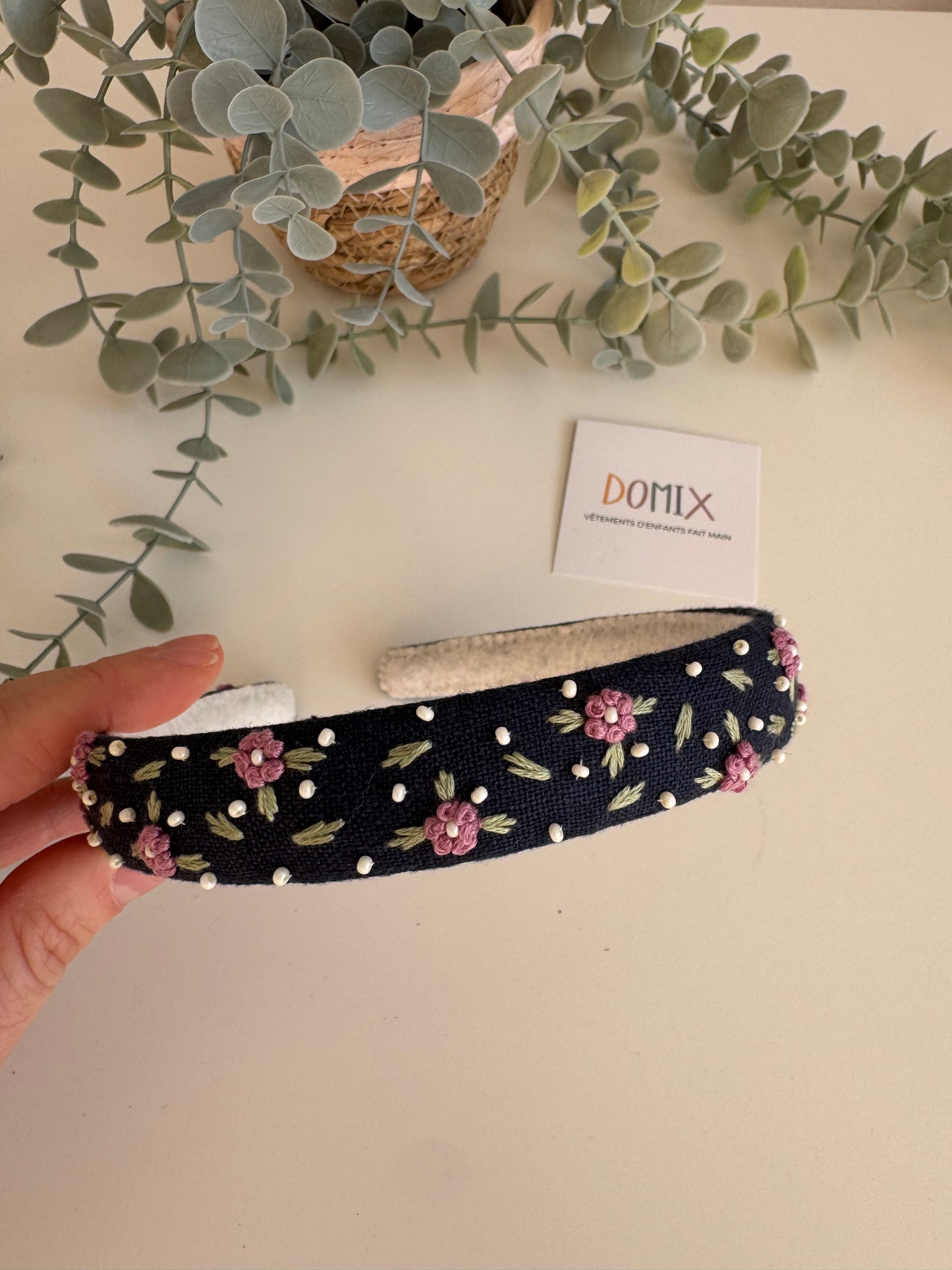 Hand-Embroidered Linen Headband – Floral Hair Hoop (One Size)