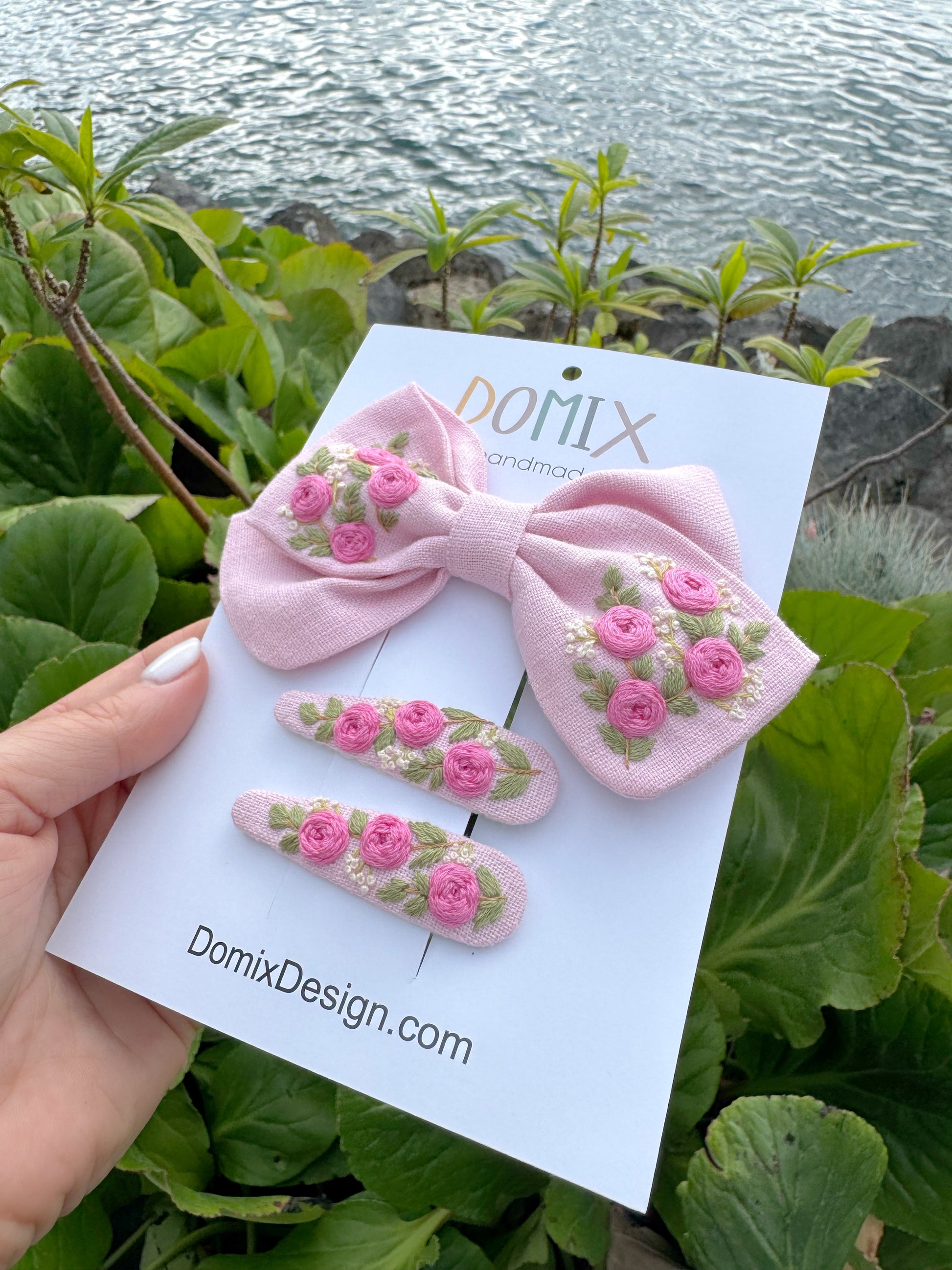 Handmade Linen Hair Accessories Set – Bow & Clips with Floral Embroidery - Domix