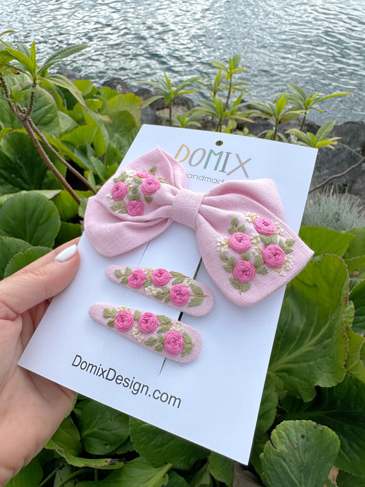 Handmade Linen Hair Accessories Set – Bow & Clips with Floral Embroidery - Domix