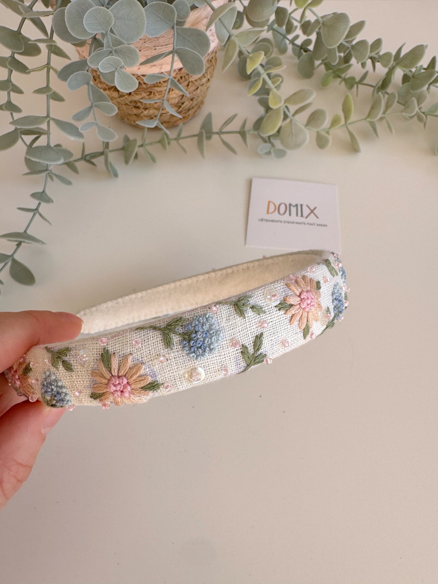 Hand-Embroidered Linen Headband – Floral Hair Hoop (One Size)