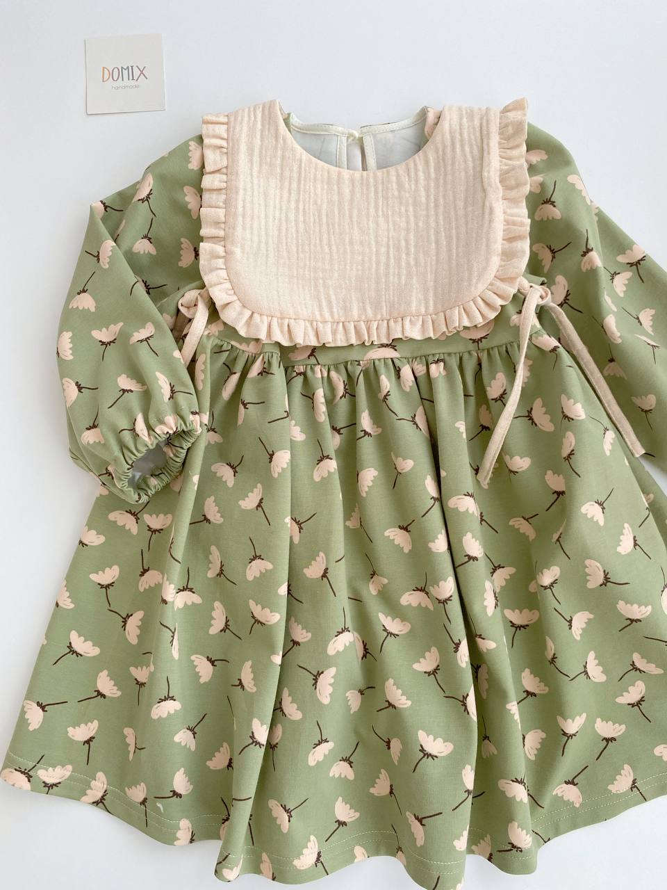 Floral Dress with Ruffled Bib – Sage Green
