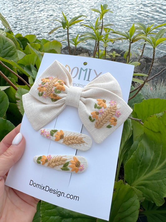 Hand-Embroidered Hair Accessories – Linen Bow with Flowers - Domix