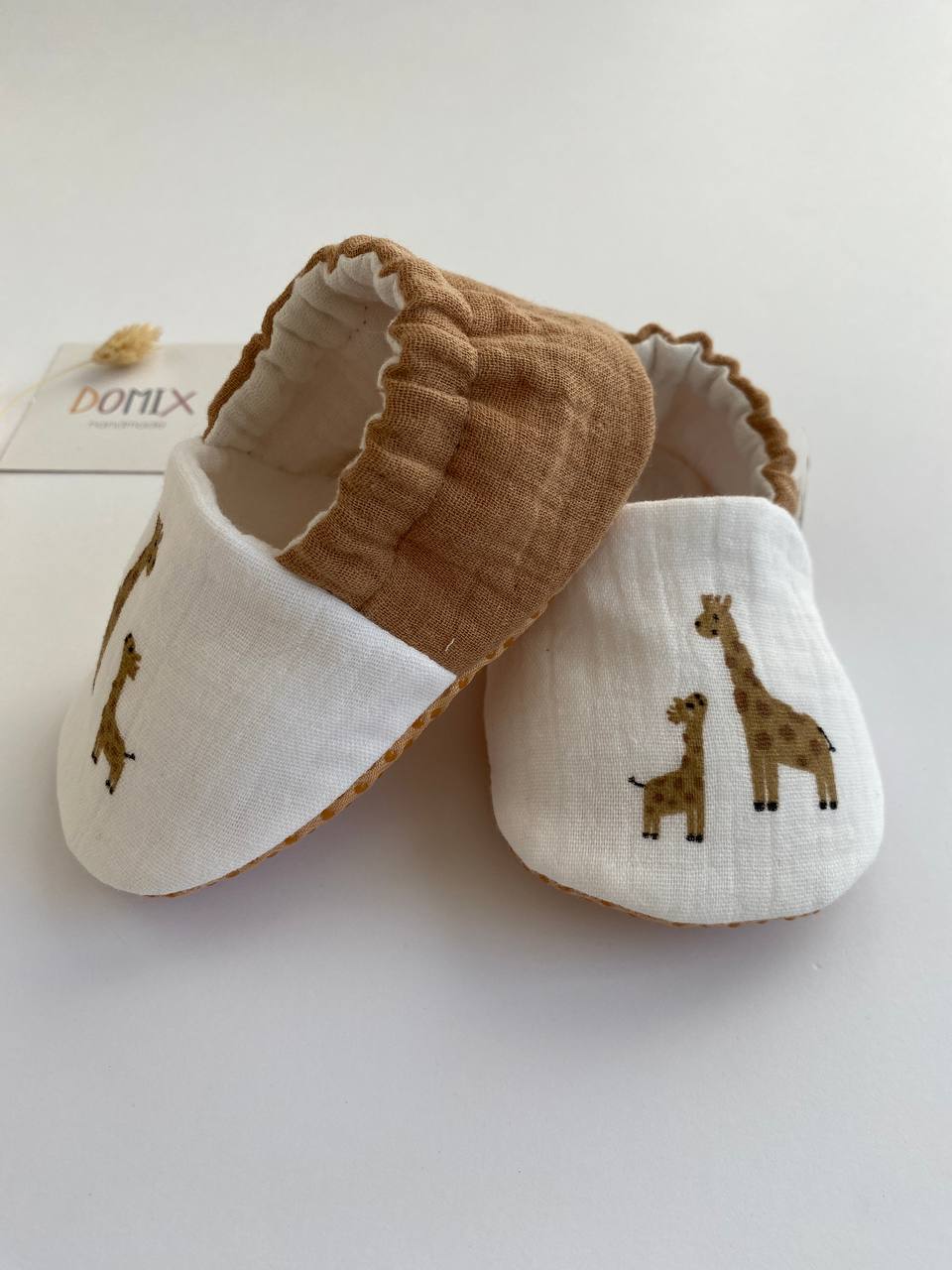 Handmade Baby & Toddler Slippers – Soft Cotton Muslin Slippers with Giraffe Print