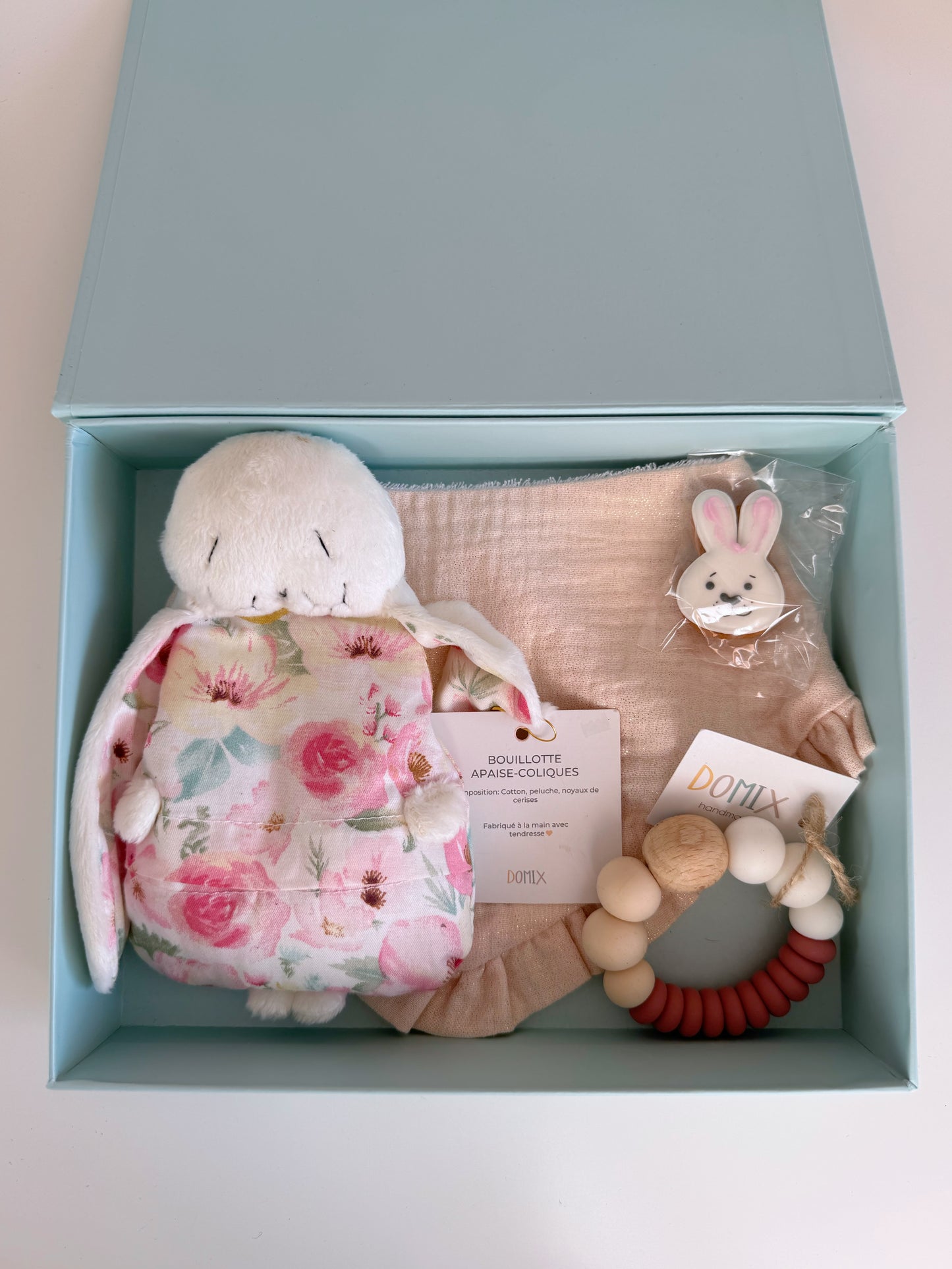 Baby Comfort Gift Set – Bunny Warm Pillow, Teether & Waterproof Bib
