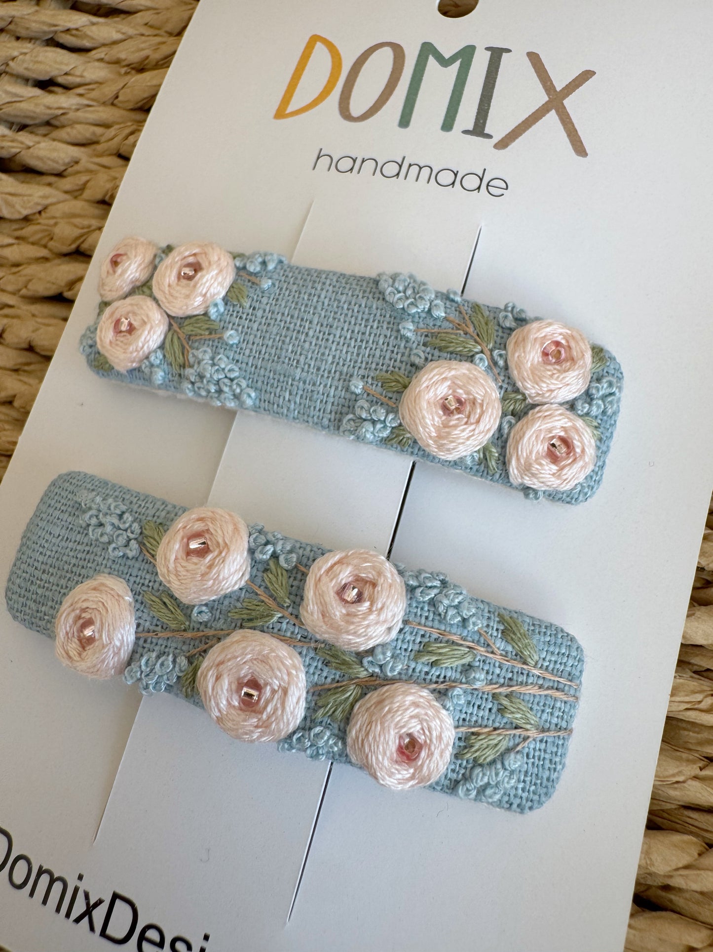 Natural Linen Beaded & Embroidered Hair Clips – Set of 2