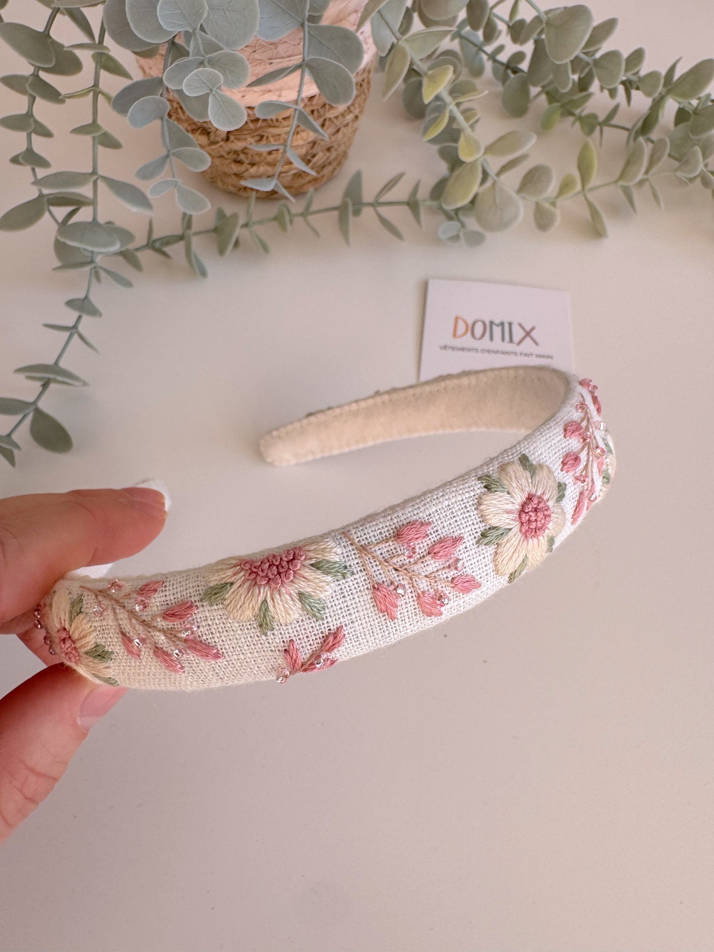 Hand-Embroidered Linen Headband – Floral Hair Hoop (One Size)