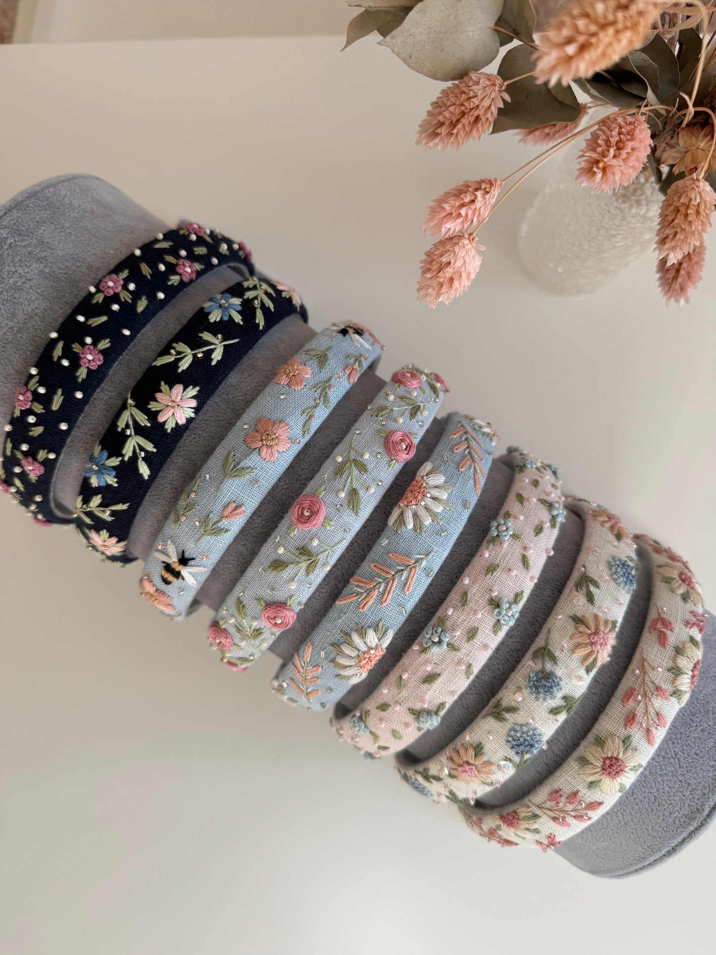 Hand-Embroidered Linen Headband – Floral Hair Hoop (One Size)