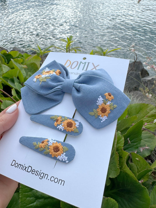 Girls’ Linen Hair Accessories Set – Bow and Flower Clips - Domix