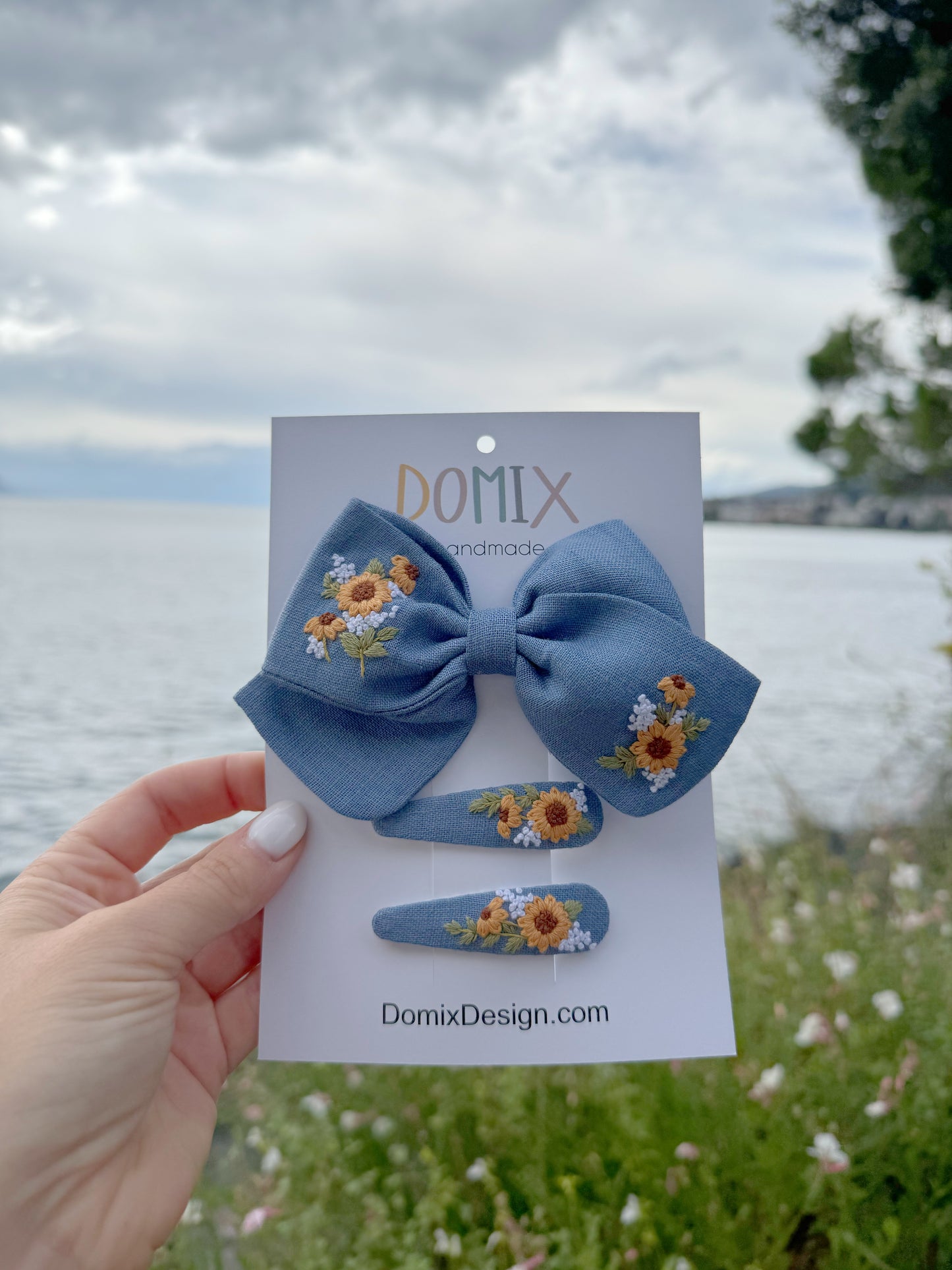 Girls’ Linen Hair Accessories Set – Bow and Flower Clips - Domix