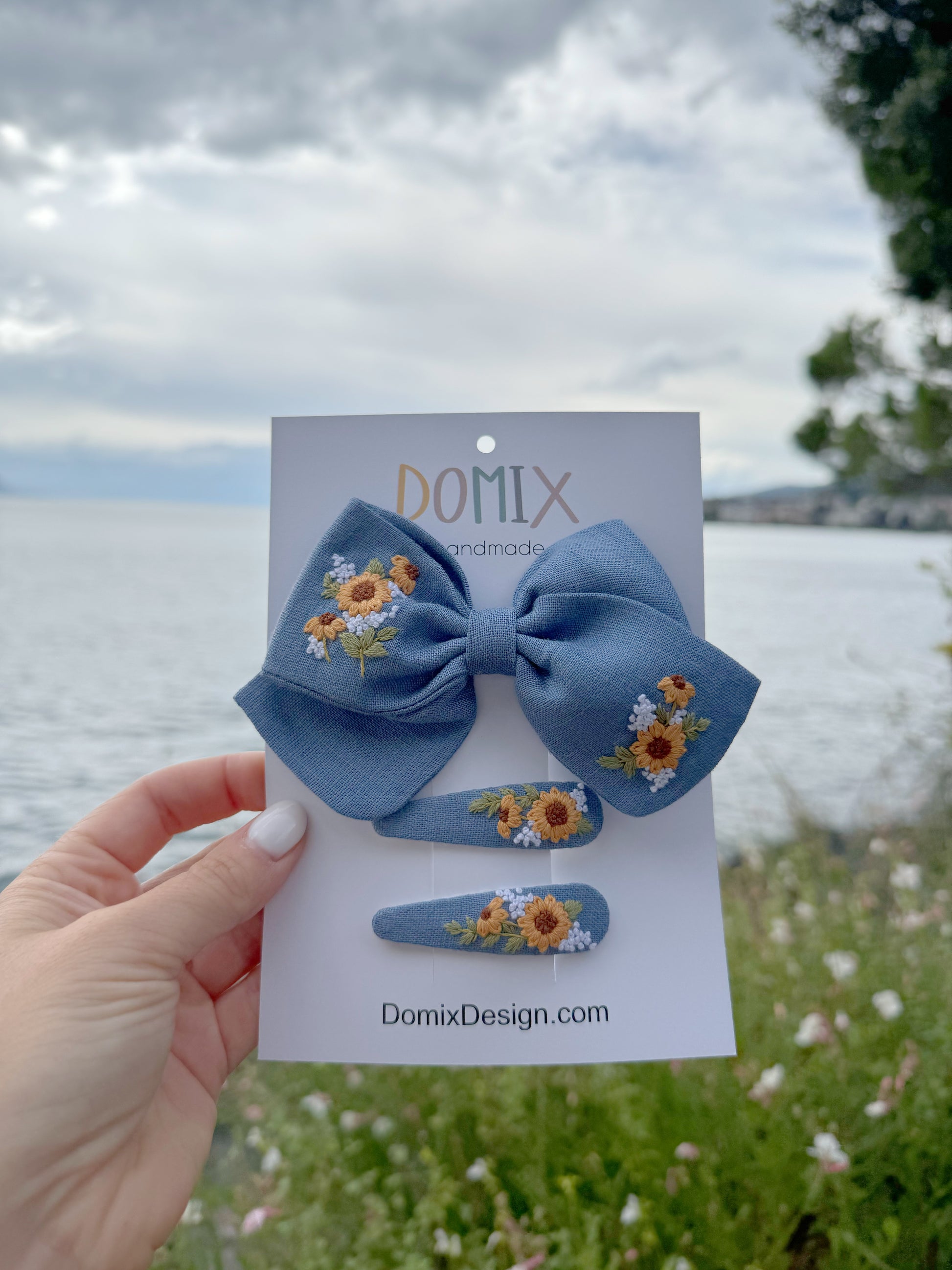 Girls’ Linen Hair Accessories Set – Bow and Flower Clips - Domix