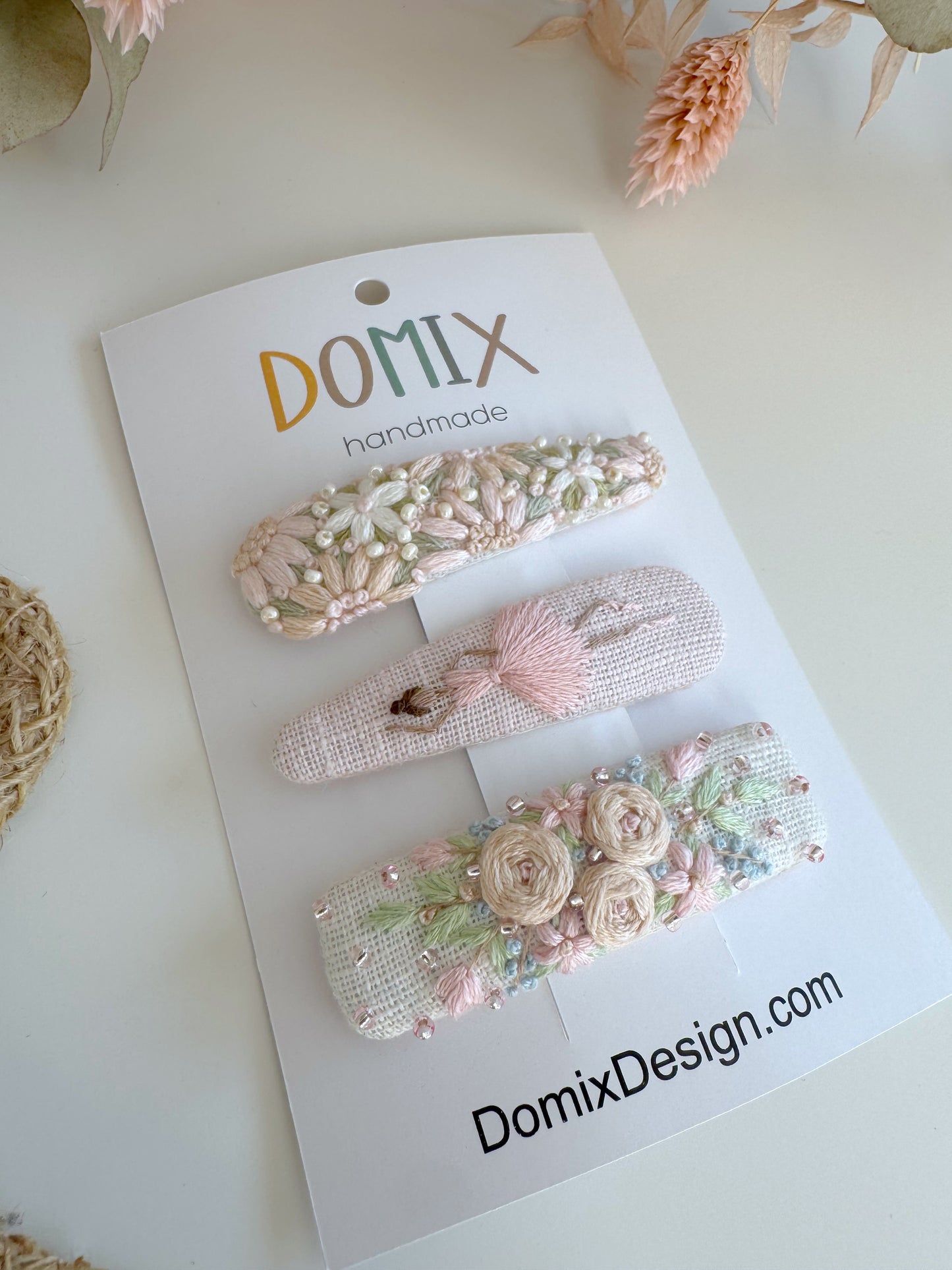 Handmade Linen Hair Clips – Exclusive Embroidered Set of 3