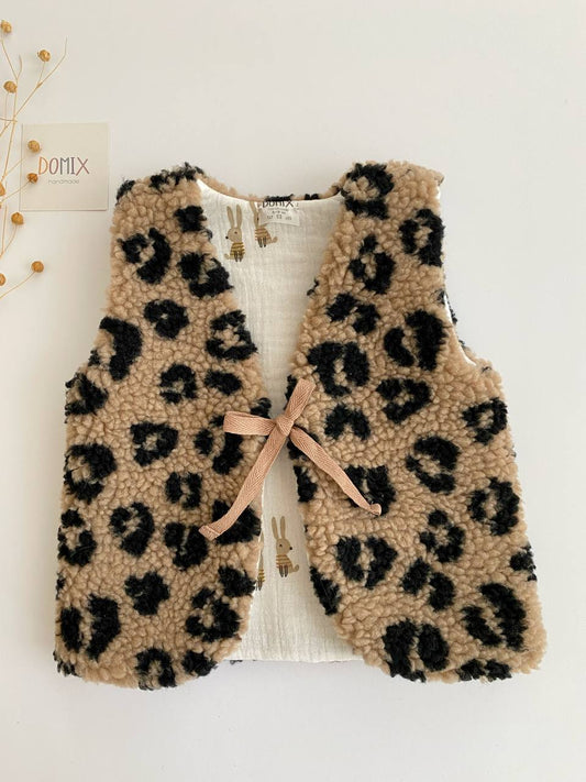Handmade Reversible Teddy Vest – Beige Leopard
