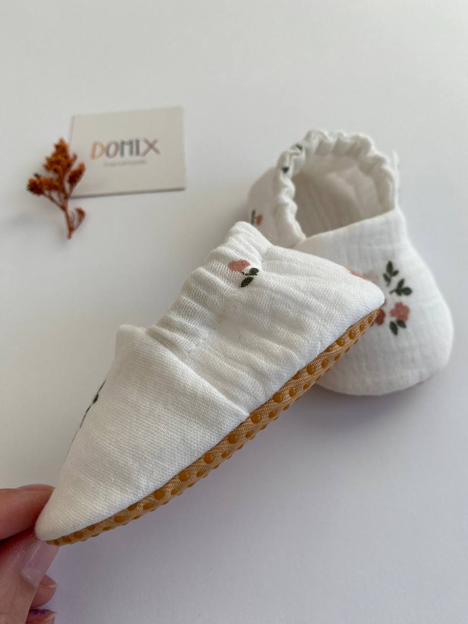 Handmade Baby & Toddler Slippers – Soft Cotton Muslin Slippers with Floral Print