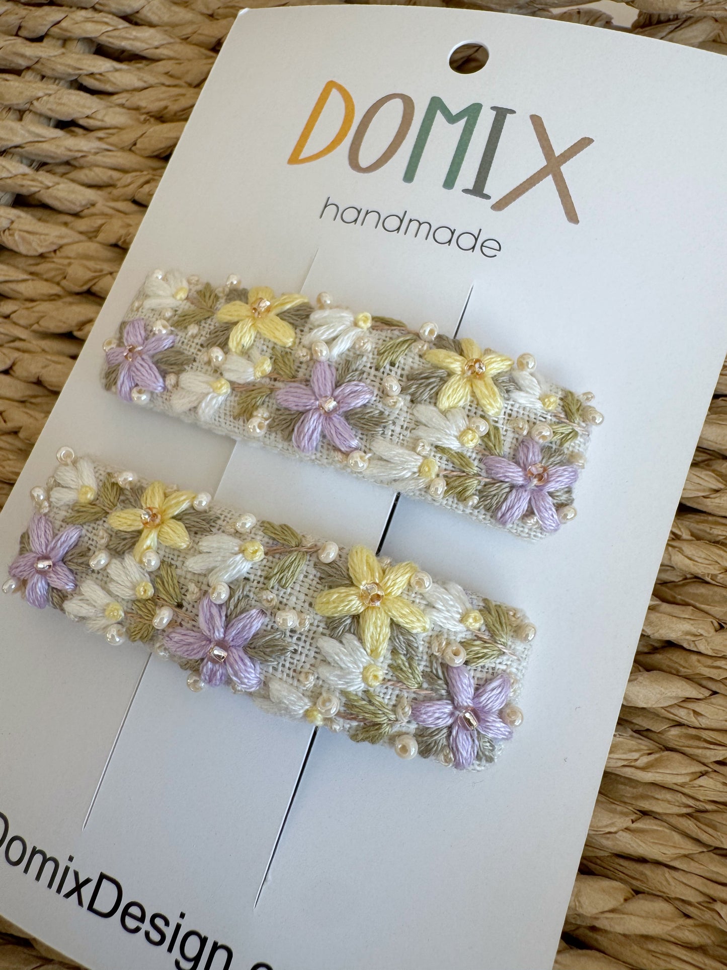 Embroidered Linen Hair Clips with Beads – Handmade Set of 2 for Girls