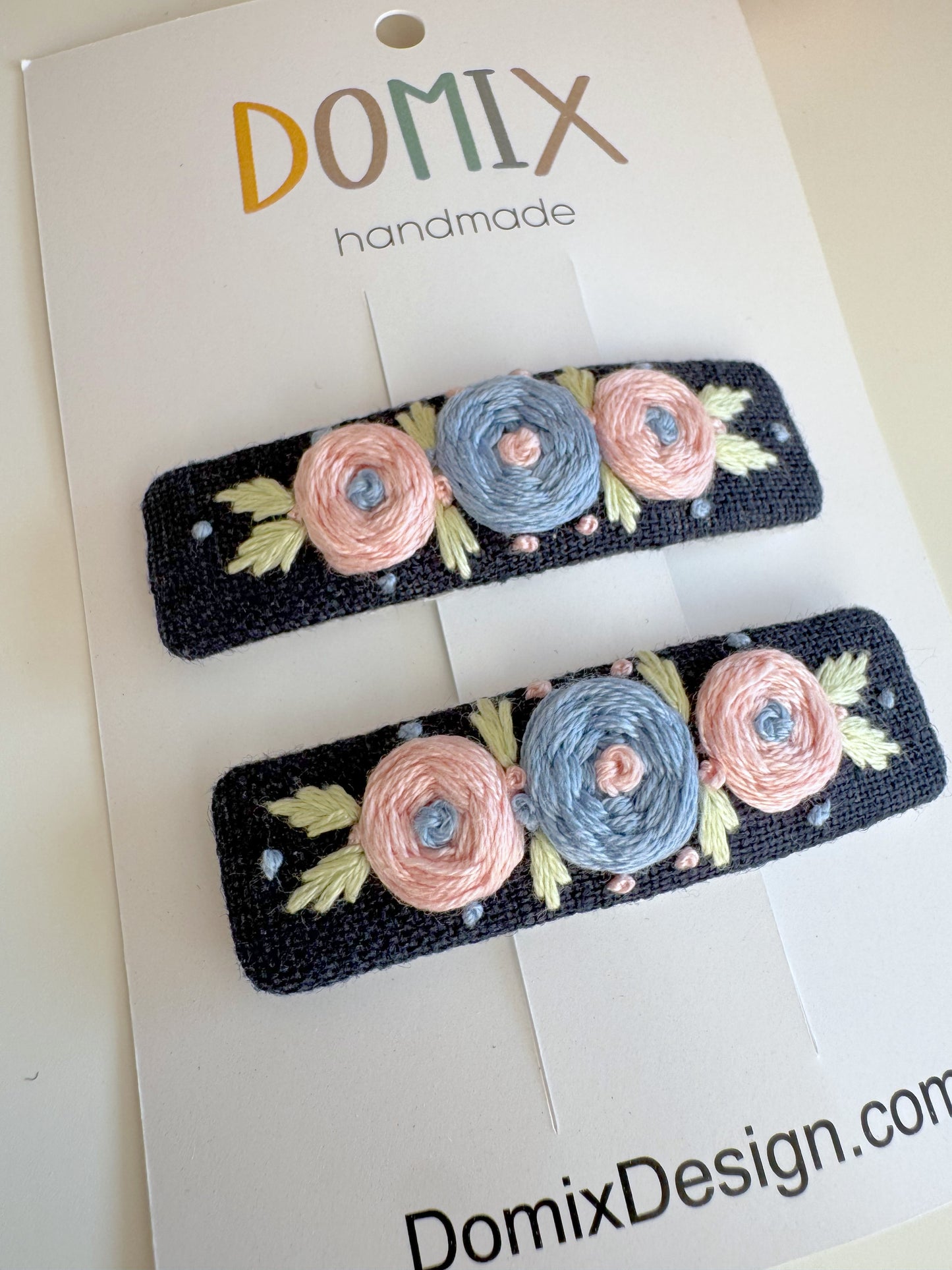 Embroidered Linen Hair Clips – Handmade Set of 2